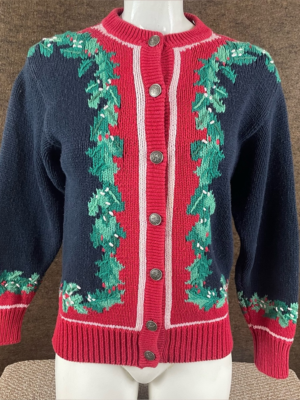 Vintage Orvis Cardigan Christmas Sweater Women’s Small Holiday Holly Leaf Ws